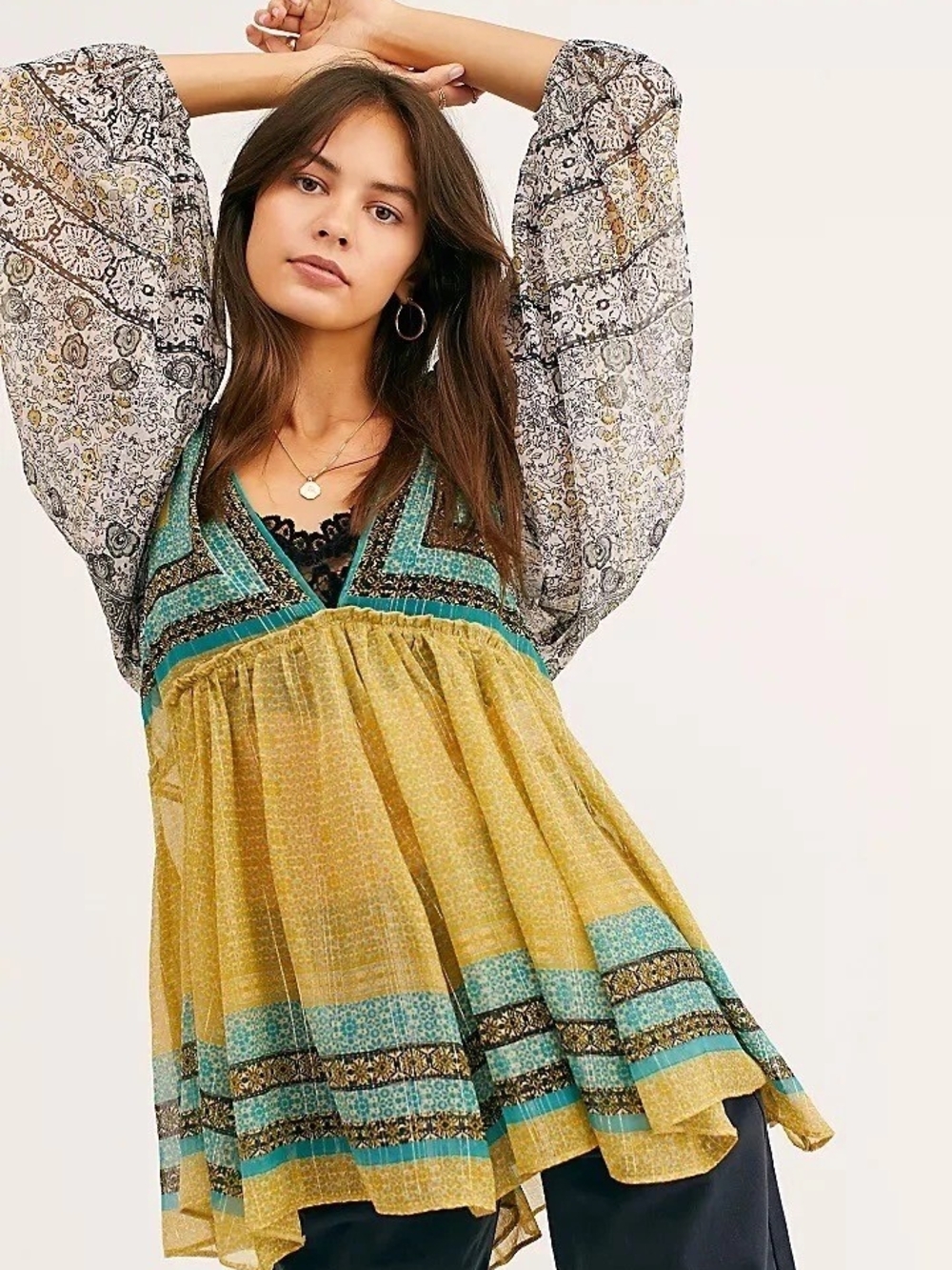 Free People Aliyah Printed Floral V-Neck Tunic Size S